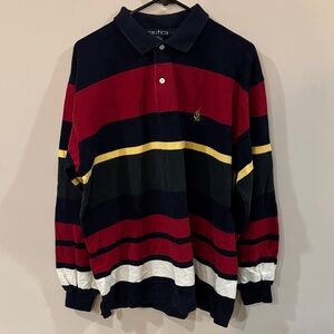 Nautica Long Sleeved Polo Shirt - Navy, Red, Yellow, White Stripes Men's L